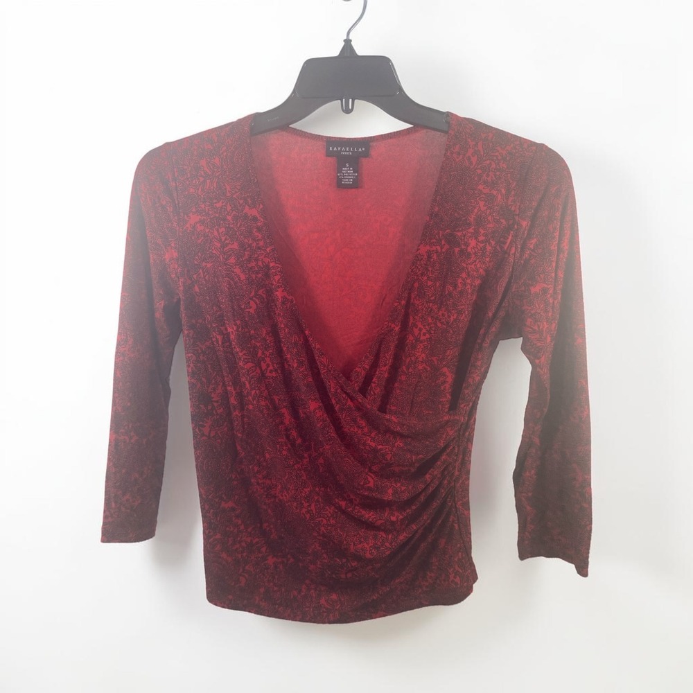 Rafaella Petite Red Black Floral Paisley Wrap Top V-Neck Ruched Blouse Small P